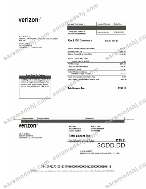 USA Verizon utility bill template in Word and PDF formats, version 2